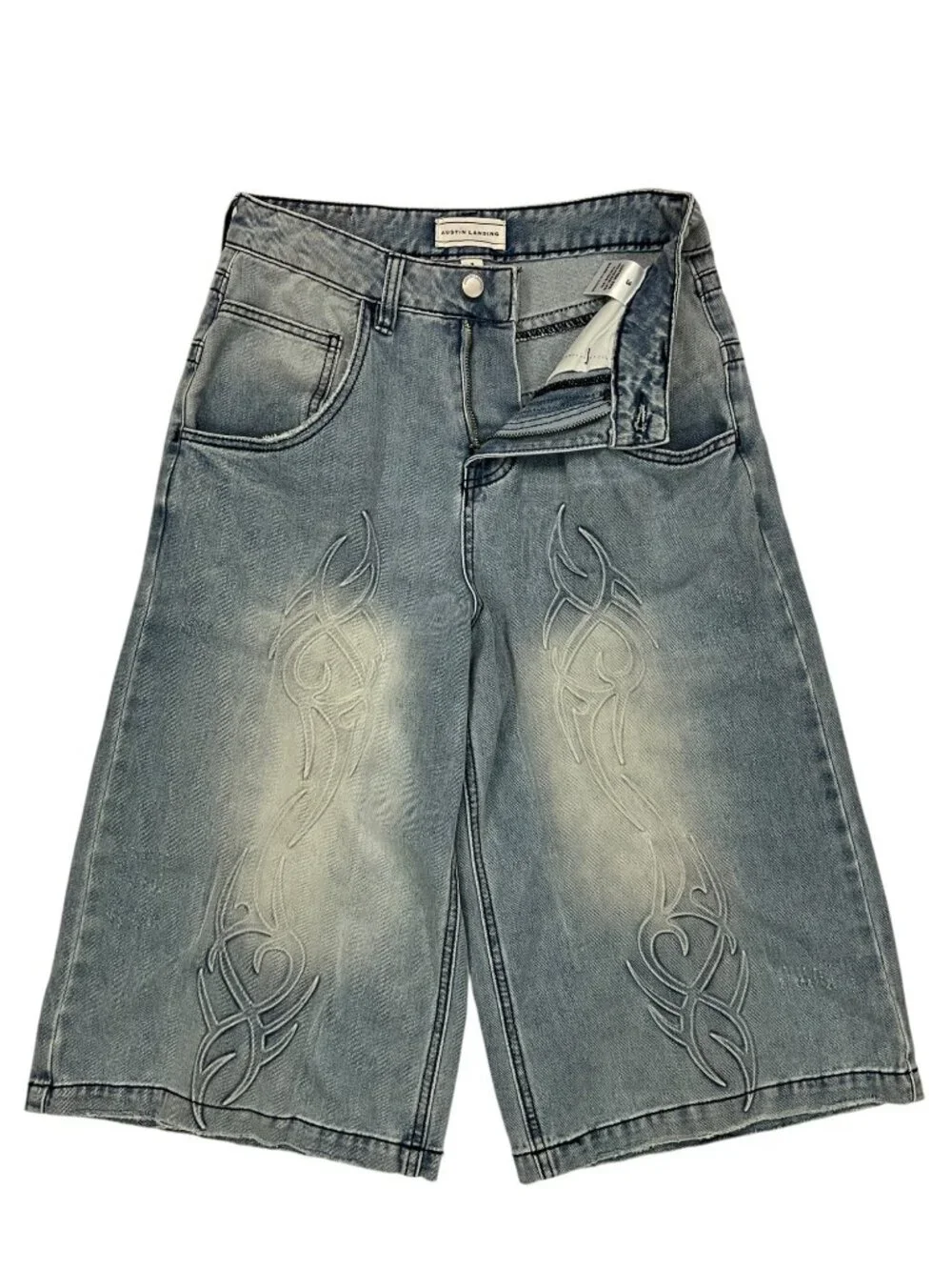 Austin Landing Queen Jorts Denim Shorts 3 Blue Embroidered Tribal Skater
